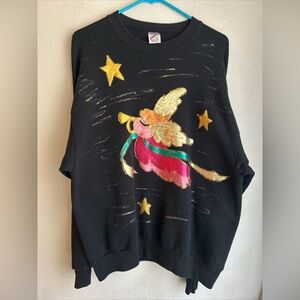 Vintage Jerzees Size‎ Large Black Crewneck Sweatshirt Embroidered Angel Graphic